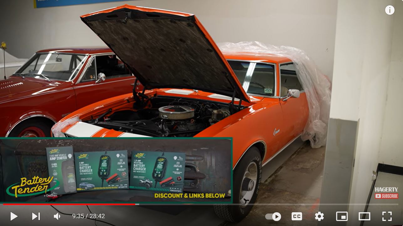 A Battery Tender promo appears next to a 1968 Camaro Z/28.