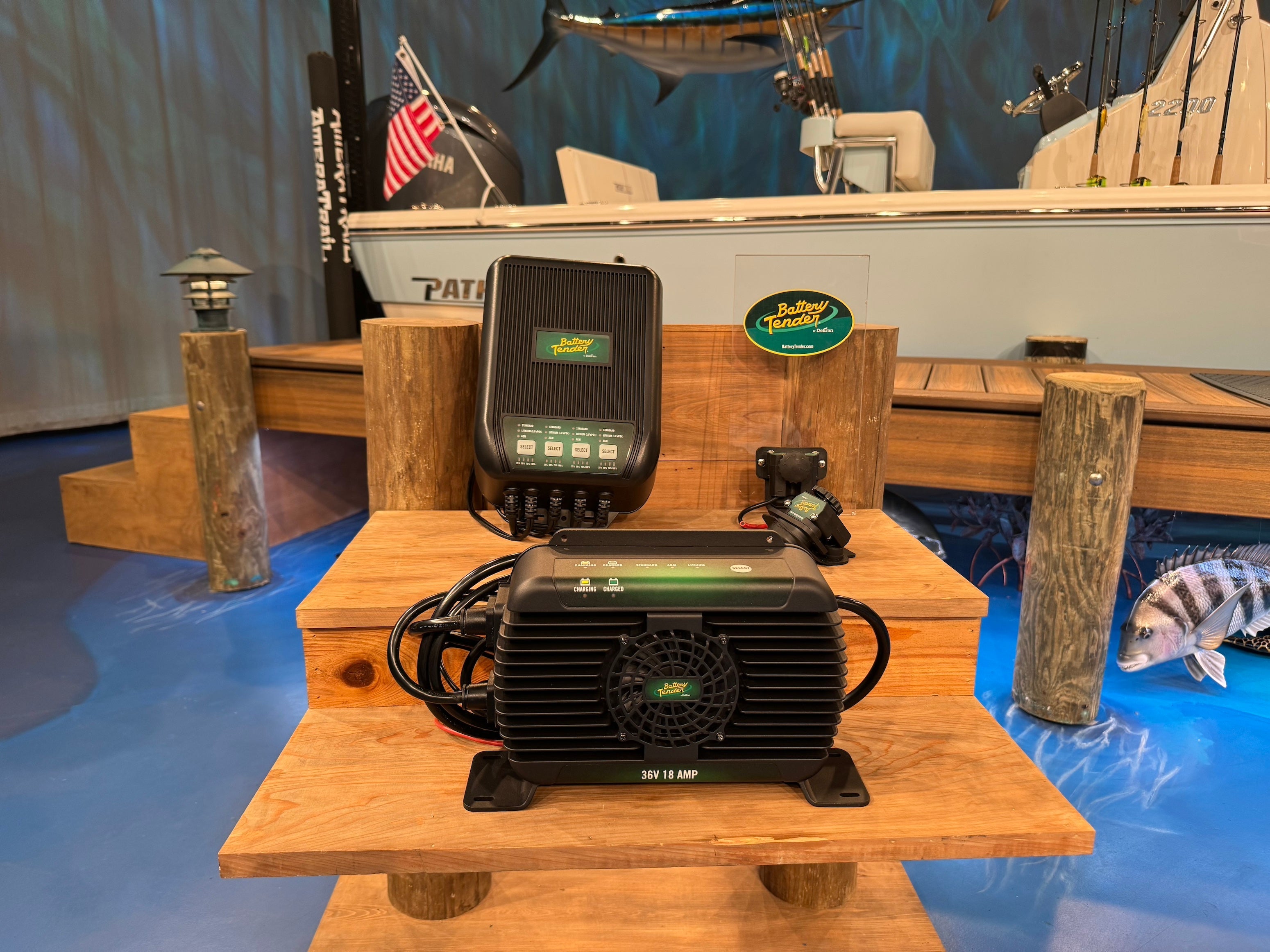 A WaveCharge Pro and PowerPlus charger on set of Florida Insider Fishing Report.