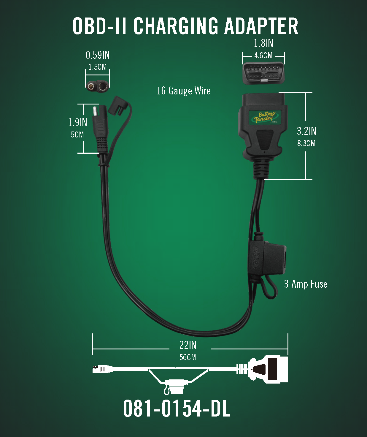 OBDII 12V Battery Charging 22 inch Adaptor Cable